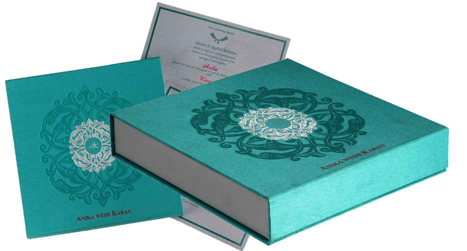 Wedding Card Box In Exquisite Aquamarine Silver Color