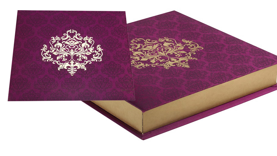Wedding Card Box in Purple and Golden Colour
