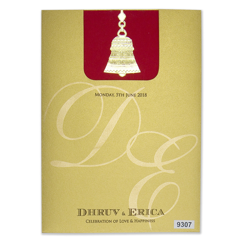 Wedding card in golden & red with a pull out insert & temple bell design - Click Image to Close