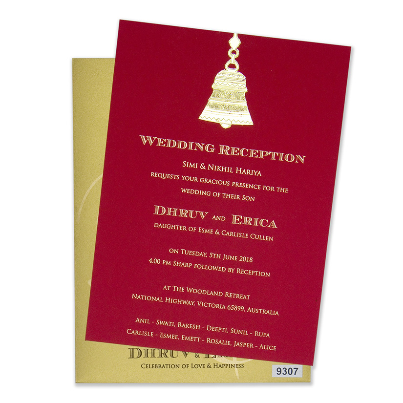 Wedding card in golden & red with a pull out insert & temple bell design - Click Image to Close