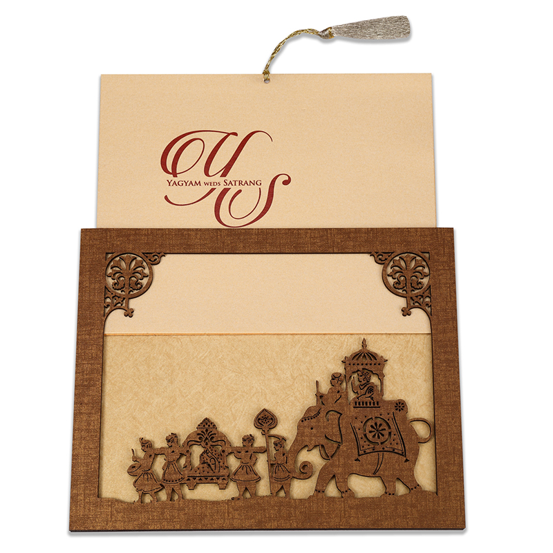 Wedding card in laser cut photo frame style with a baraat design - Click Image to Close