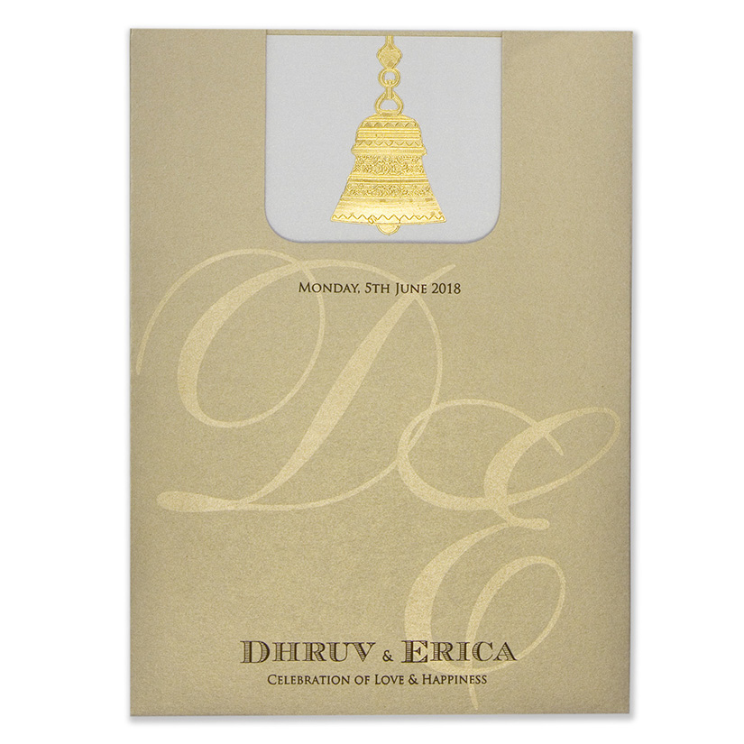 Wedding card in light brown with a pull out insert & temple bell design - Click Image to Close