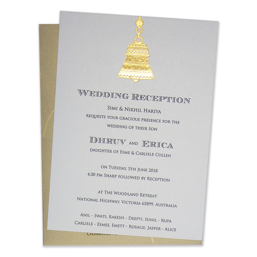 Wedding card in light brown with a pull out insert & temple bell design - Click Image to Close