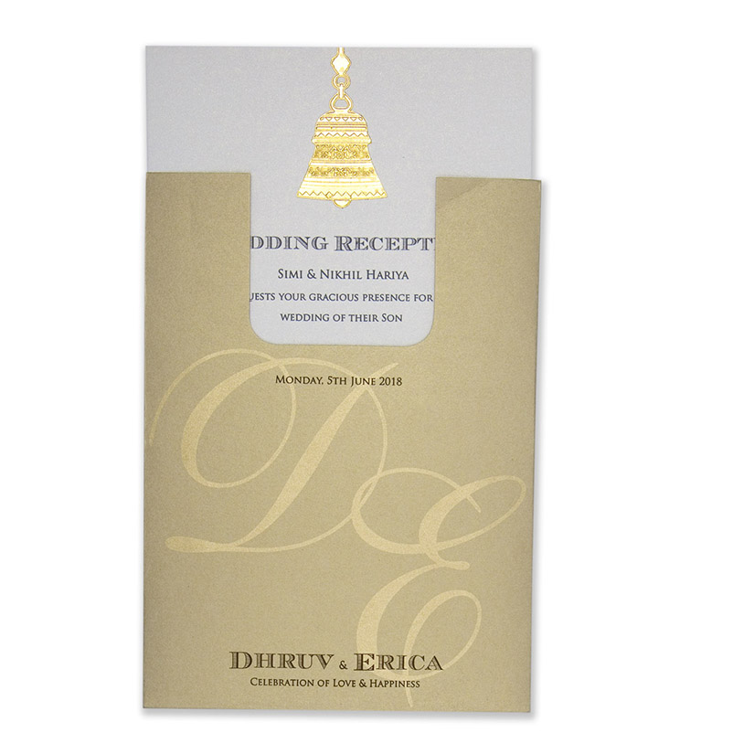 Wedding card in light brown with a pull out insert & temple bell design