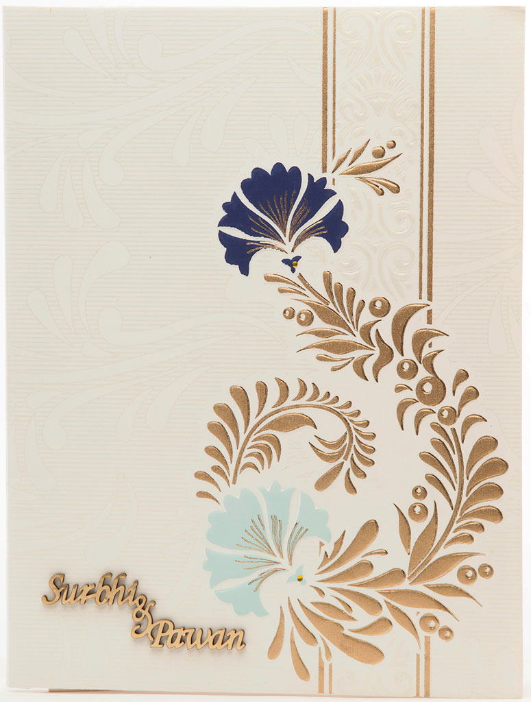 Wedding Card in White & Golden with Multi-color Floral Patterns