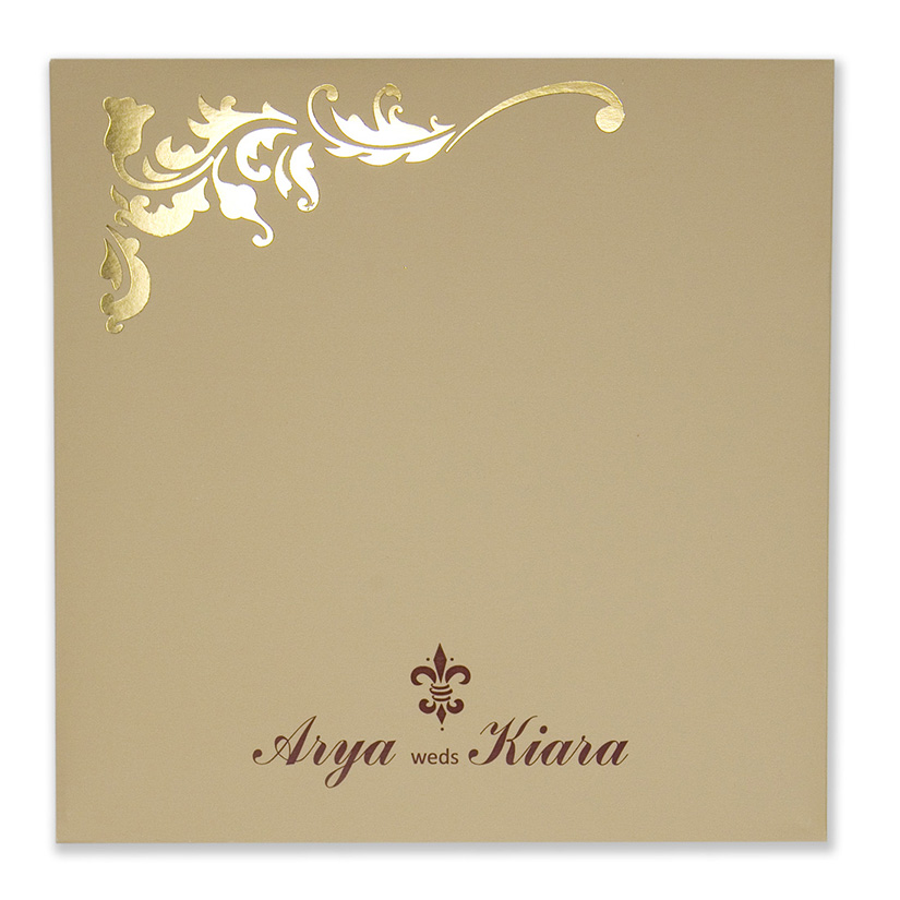 Wedding card with a decorated square frame in biscuit colour - Click Image to Close