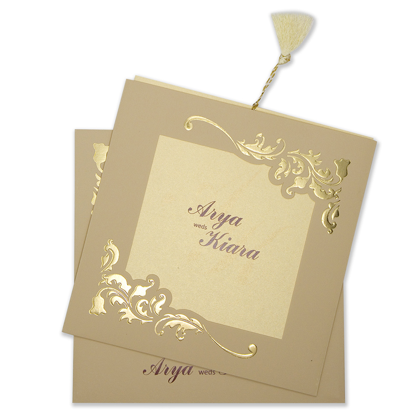 Wedding card with a decorated square frame in biscuit colour
