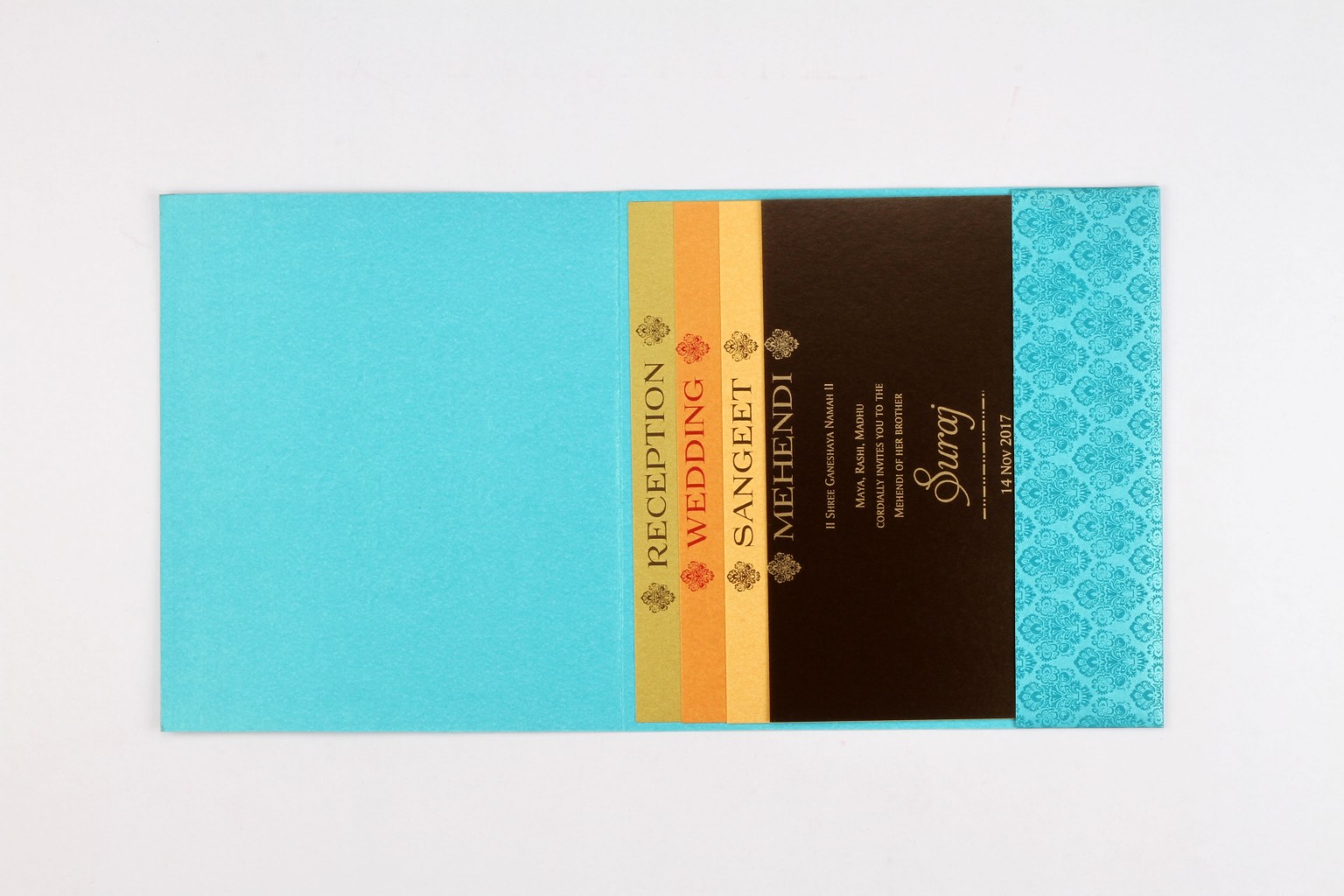 Wedding card in Blue & golden with multicolour inserts - Click Image to Close
