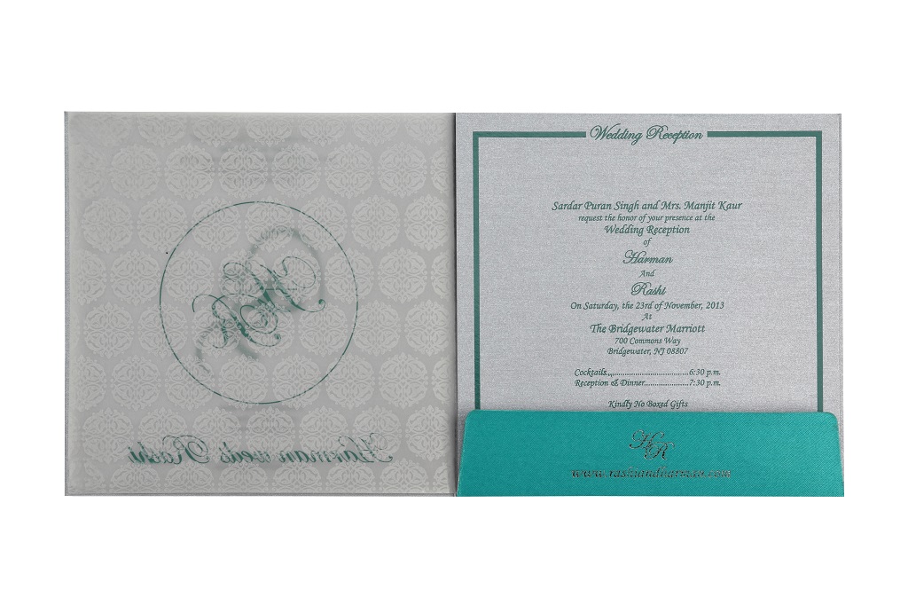 Wedding Invitation Card in Royal Aquamarine and Silver Colour - Click Image to Close
