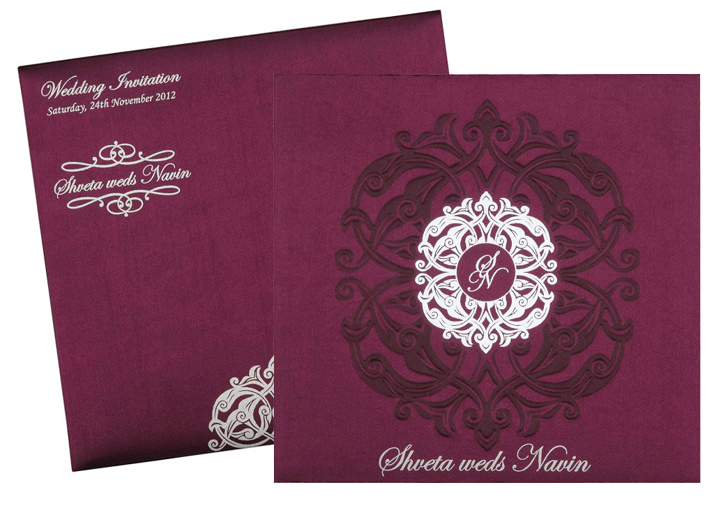 Wedding Invitation Card in Royal Purple and Silver Colour