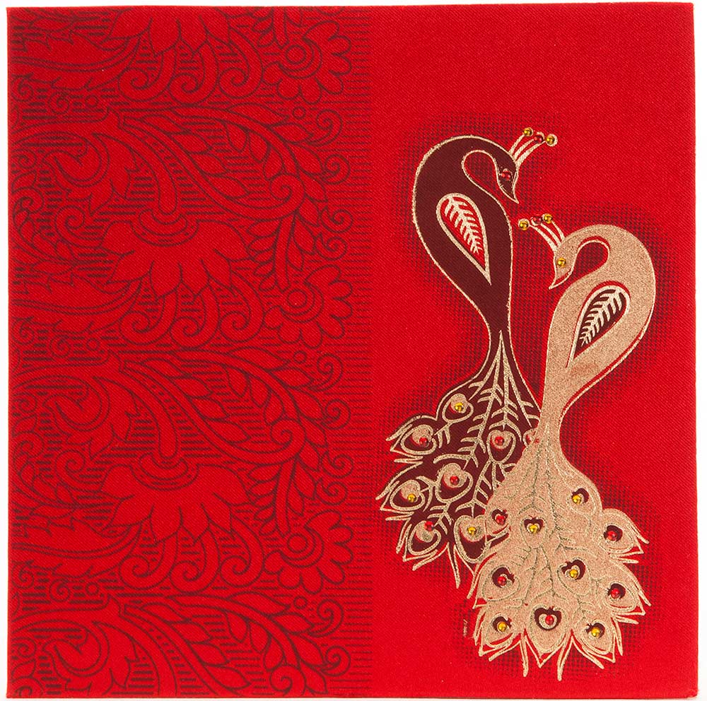 Wedding Invitation In Red Satin With Stone Studded Peacock Wedding Invitations Wedding Cards Online