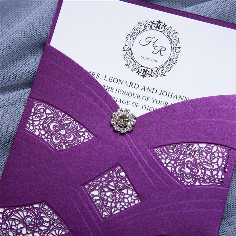 Wedding Invitation in vibrant purple With Laser Cut Pearl Pattern - Click Image to Close