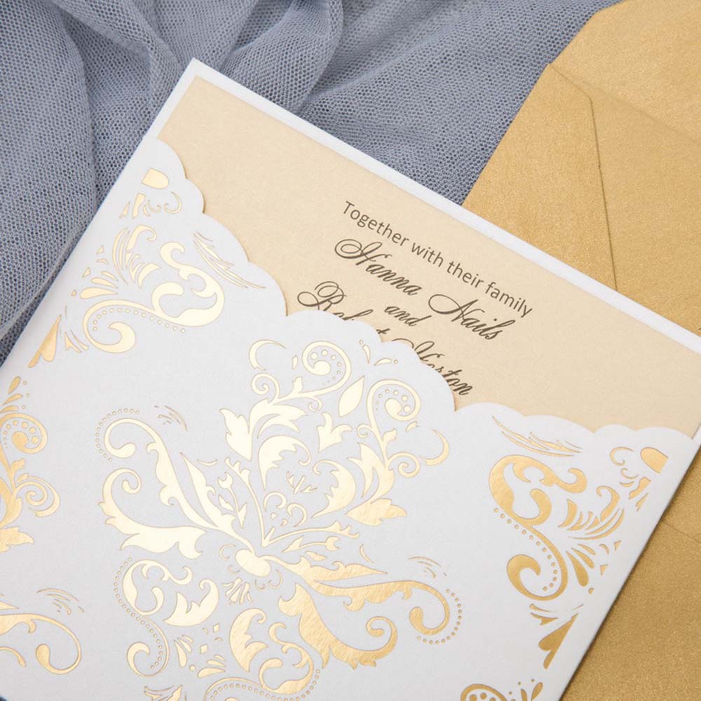 Wedding invitation with golden foil stamped insert holder pocket - Click Image to Close