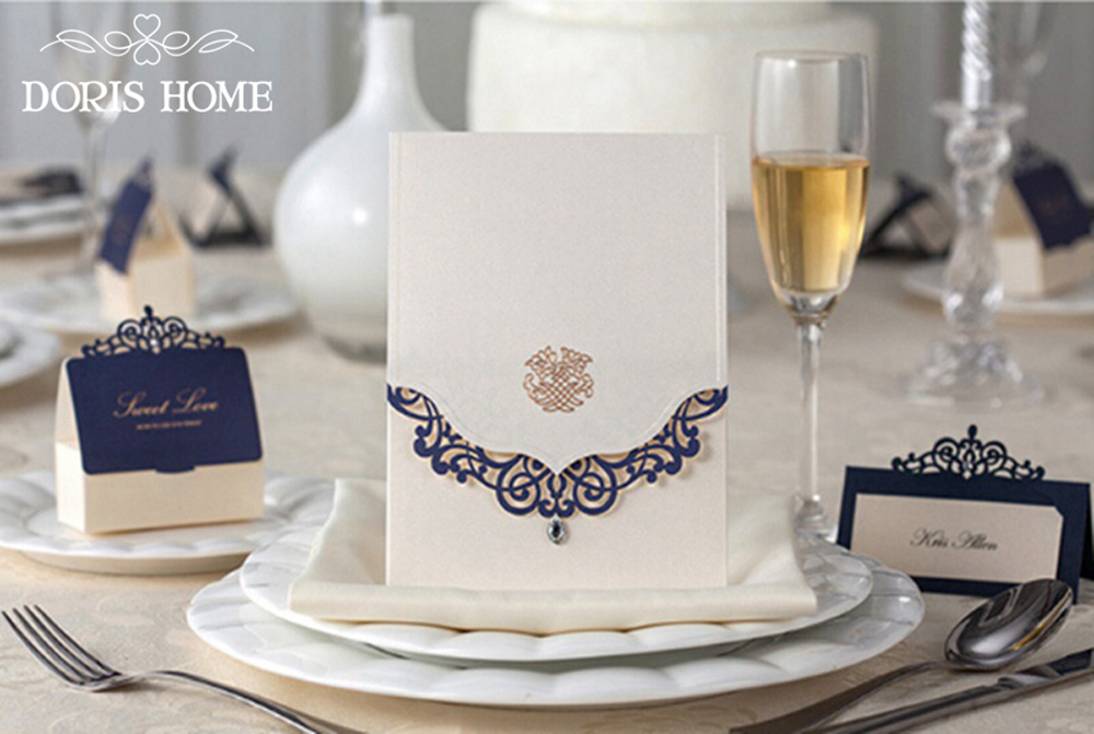 Wedding Invitations Cards With Rhinestone & Blue Laser Cut Flower - Click Image to Close