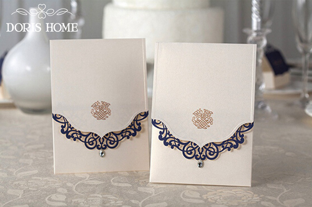 Wedding Invitations Cards With Rhinestone & Blue Laser Cut Flower - Click Image to Close