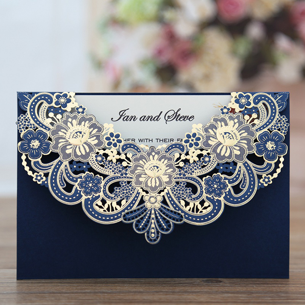 Wedding Invitations with Blue Floral Laser Cut Designs - Click Image to Close