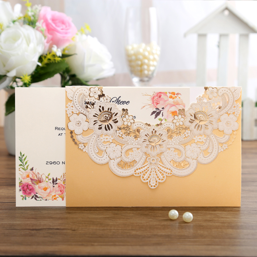 Wedding Invitations with Golden Floral Laser Cut Designs - Click Image to Close