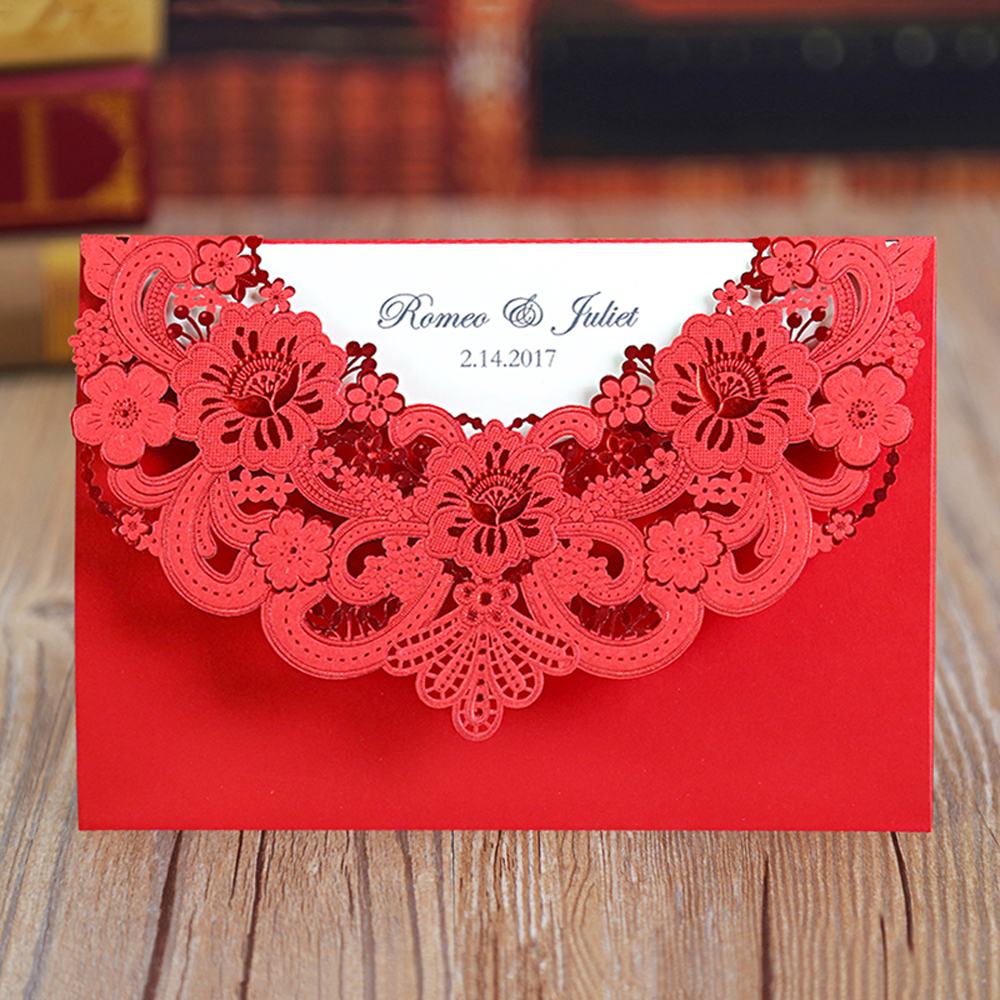 Wedding Invitations with Red Floral Laser Cut Designs - Click Image to Close