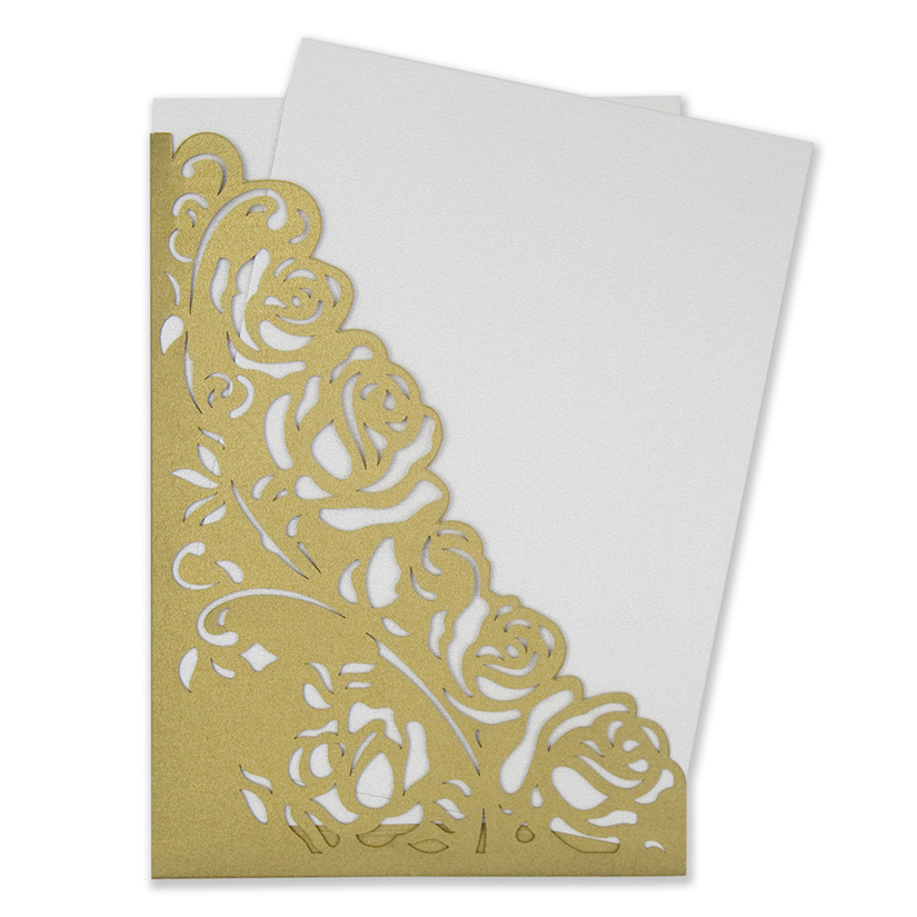 Wedding invite with a laser cut pocket in golden roses - Click Image to Close