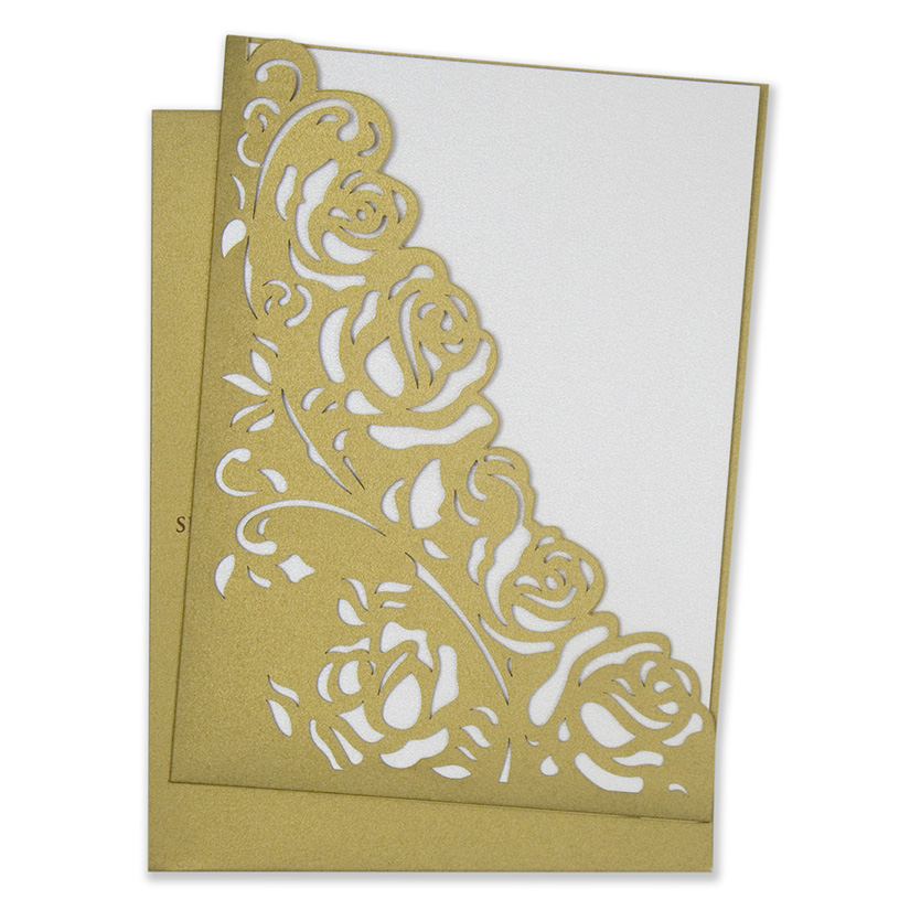 Wedding invite with a laser cut pocket in golden roses - Click Image to Close