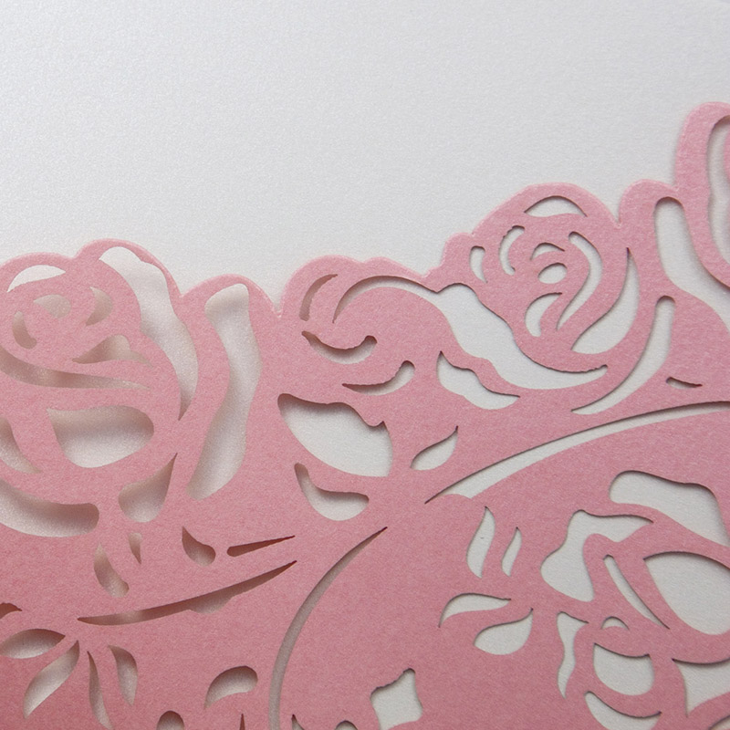Wedding invite with a laser cut pocket in pastel pink roses - Click Image to Close