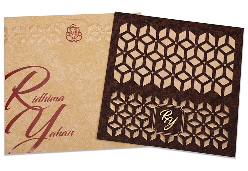 Wedding Invite with laser cut & embossed Geometric pattern in Brown - Click Image to Close