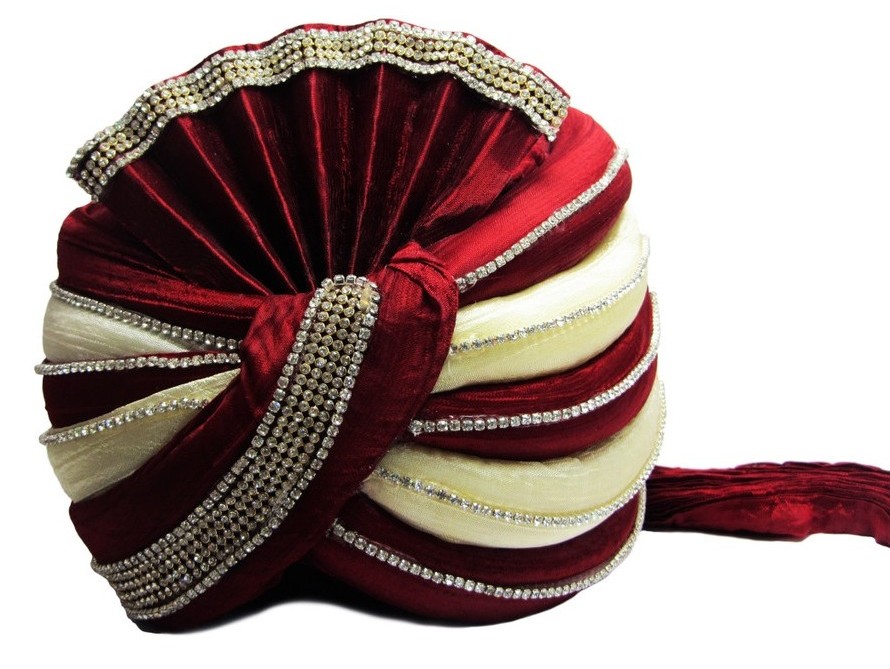 Grooms Turban in Maroon and Offwhite Silk Decorated with Stones - Click Image to Close