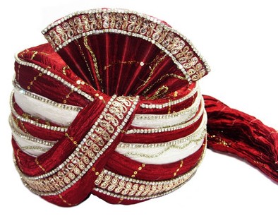 Red and White silk based Turban embroidered with Stones - Click Image to Close