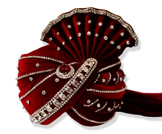 Maroon Velvet Based Groom's Turban decorated with white and red - Click Image to Close