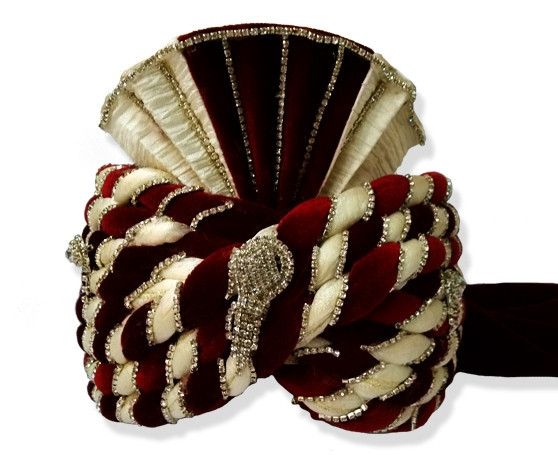 Maroon and Cream, Silk Based Turban with a Brooch - Click Image to Close