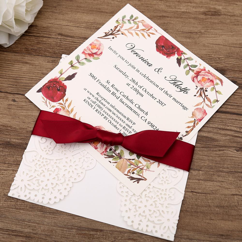 White gatefold laser cut engagement and weddding invitation card with red ribbon - Click Image to Close