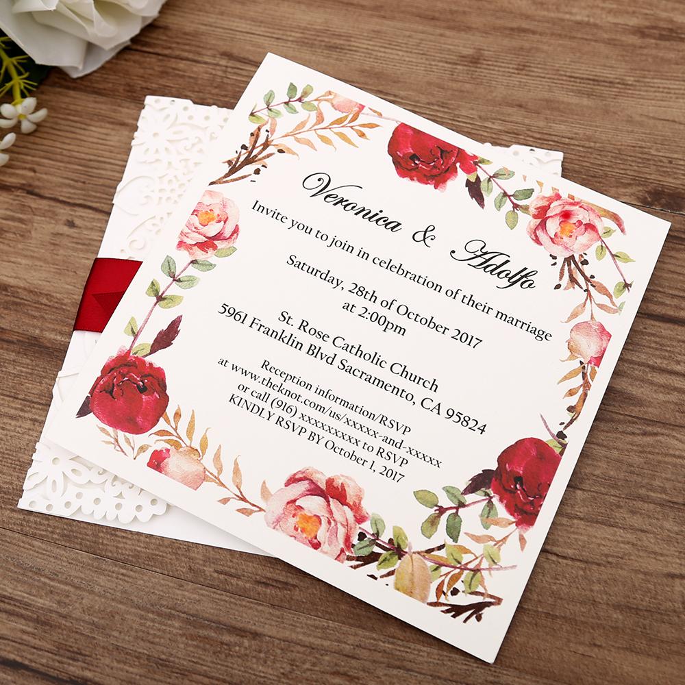 White gatefold laser cut engagement and weddding invitation card with red ribbon - Click Image to Close