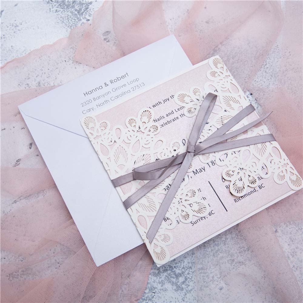 White laser cut wedding invitation with grey ribbon - Click Image to Close