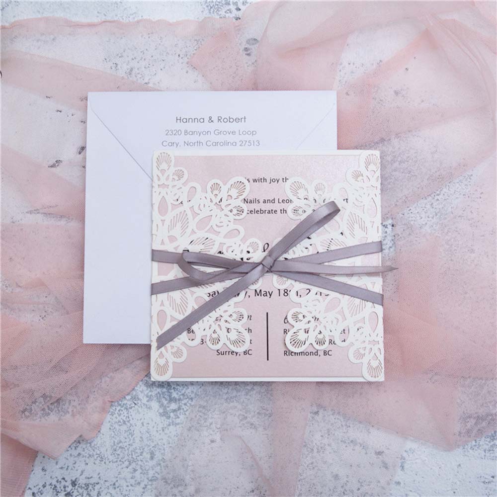 White laser cut wedding invitation with grey ribbon - Click Image to Close