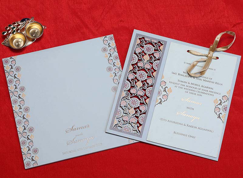 Wooden Floral Indian Wedding Invitation in Light Blue Colour - Click Image to Close