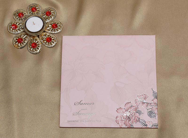 Wooden Floral Indian Wedding Invitation in Light Pink Colour - Click Image to Close
