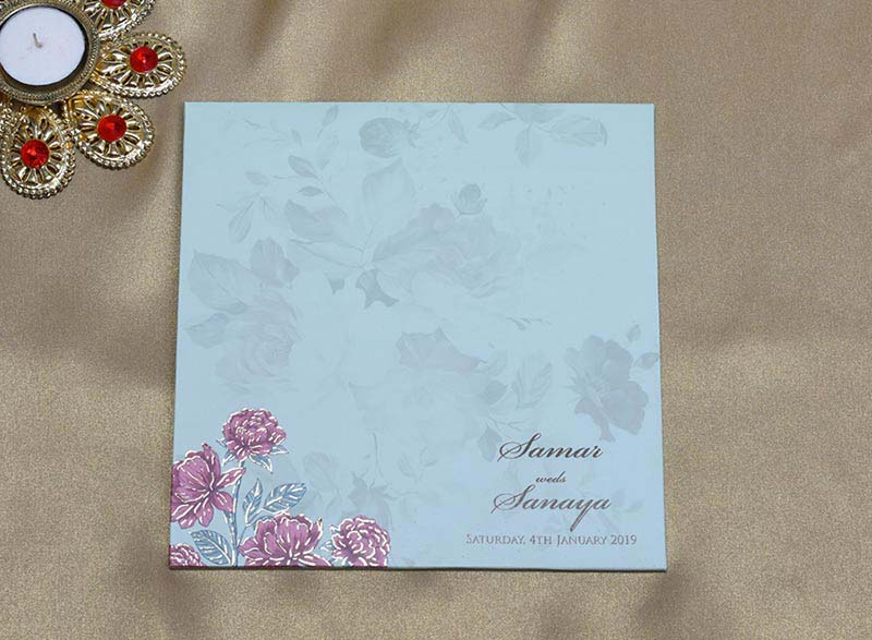 Wooden Floral Indian Wedding Invitation in Pink and Blue - Click Image to Close
