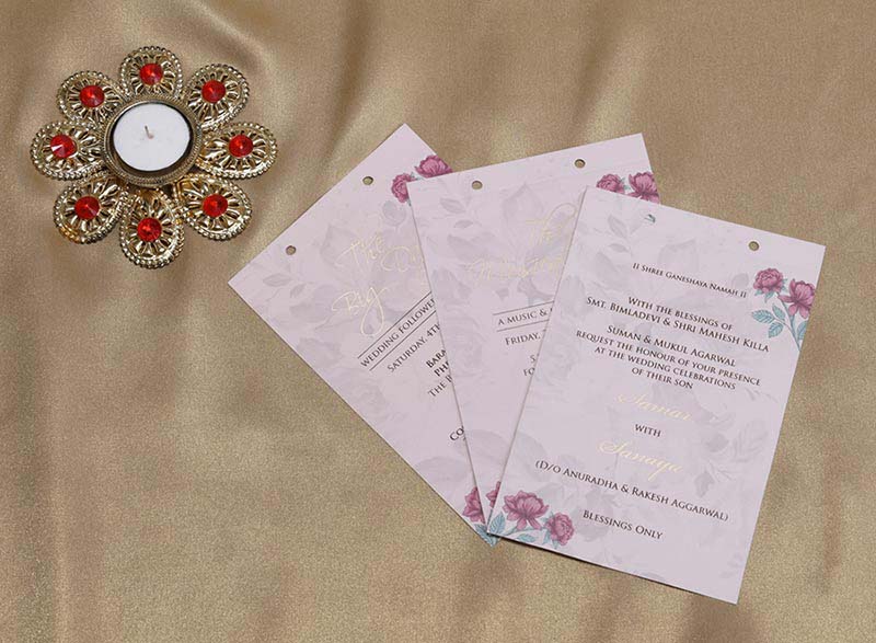 Wooden Floral Indian Wedding Invitation in Pink and Blue - Click Image to Close