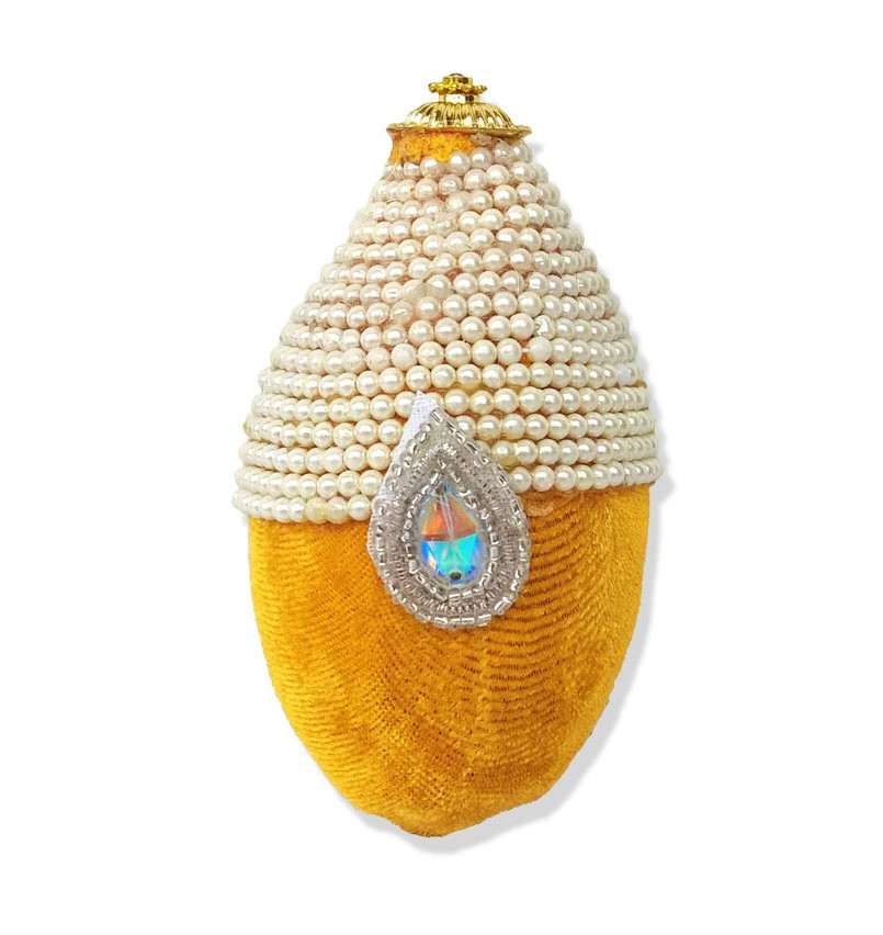 Yellow velvet & pearls decorated coconut - Click Image to Close