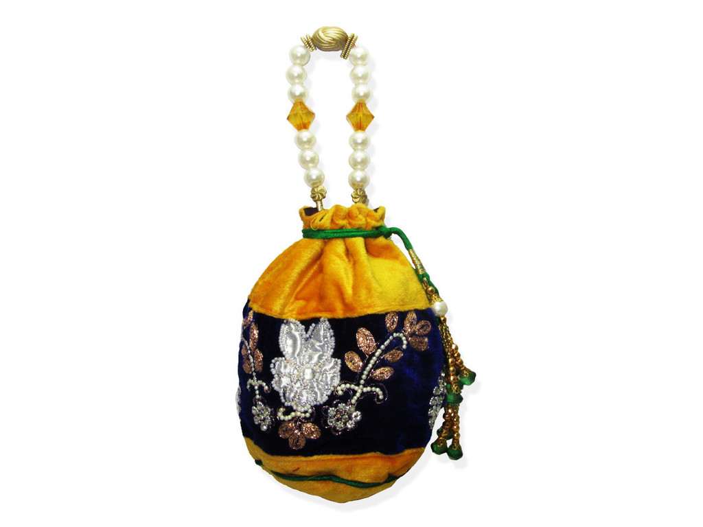 Yellow velvet Potli Handbag - Click Image to Close