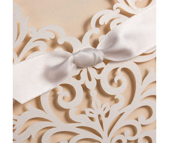 Laser Cut Flower with Bowknot Lace Pocket Wedding Invitation