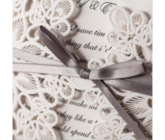 Laser Cut Flower with Coffee Bow knot Wedding Invitations