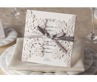 Laser Cut Flower with Coffee Bow knot Wedding Invitations
