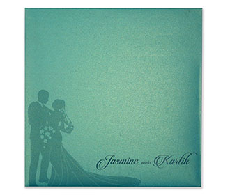 Laser cut invite with wedding couple in turquoise blue