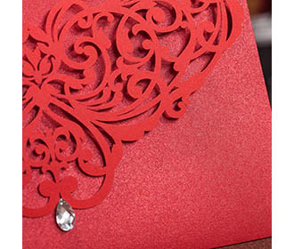 Laser Cut Wedding Invitation with Red Floral Design and Rhinestone