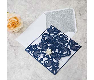 Laser cut wedding invite in combination of silver glitter and navy with RSVP