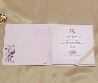 Light Pink Colour Peacock Design Indian Wedding Invitation