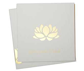 Lotus design multifaith Indian wedding card in Ivory & golden