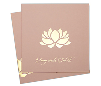 Lotus design multifaith Indian wedding card in rose blush & golden