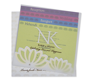 Lotus themed Indian wedding invitation card in Ivory